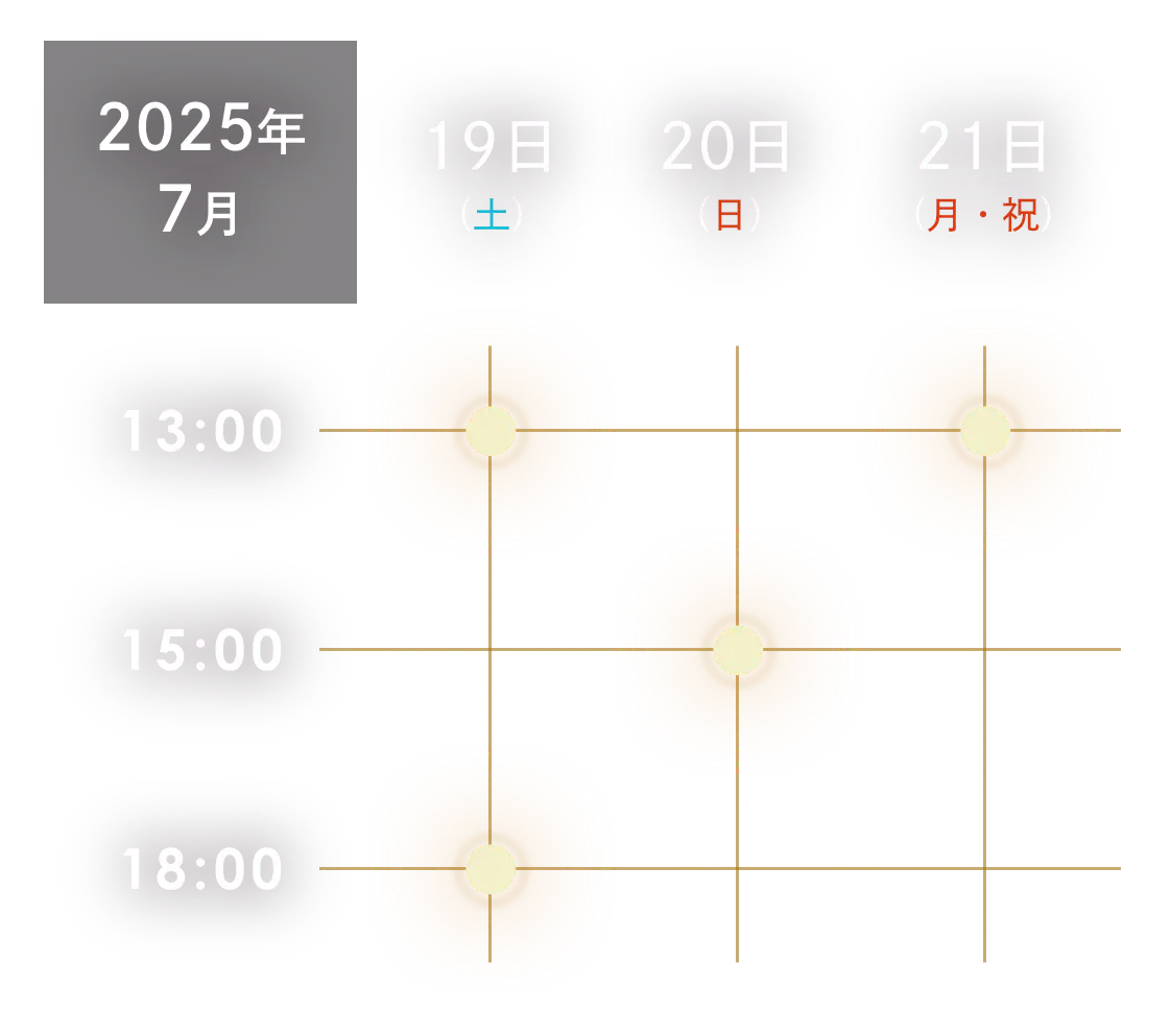 2025年 7月19日（土）13:00/18:00 20日（土）15:00 21日（月・祝）13:00